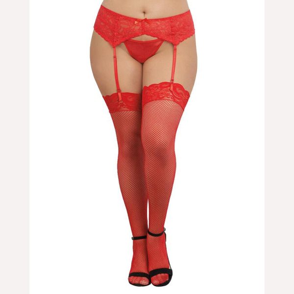 Fishnet Thigh Highs W  Lace Top Red Q s Supply